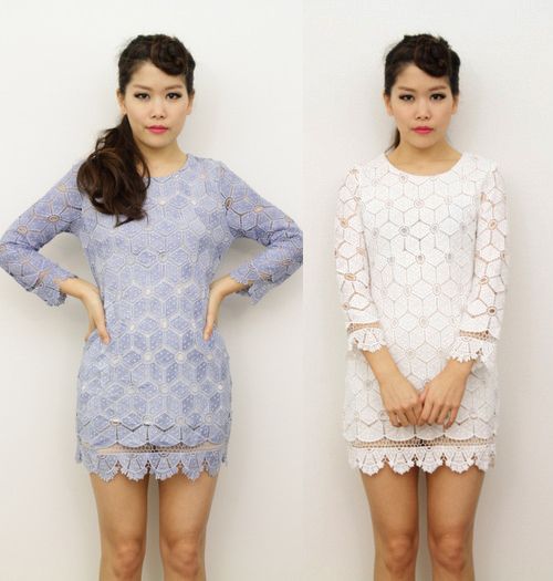 White-Blue-Geometric-Crochet-Lace-Tunic-Races-Cocktail-Dress-3-4 ...
